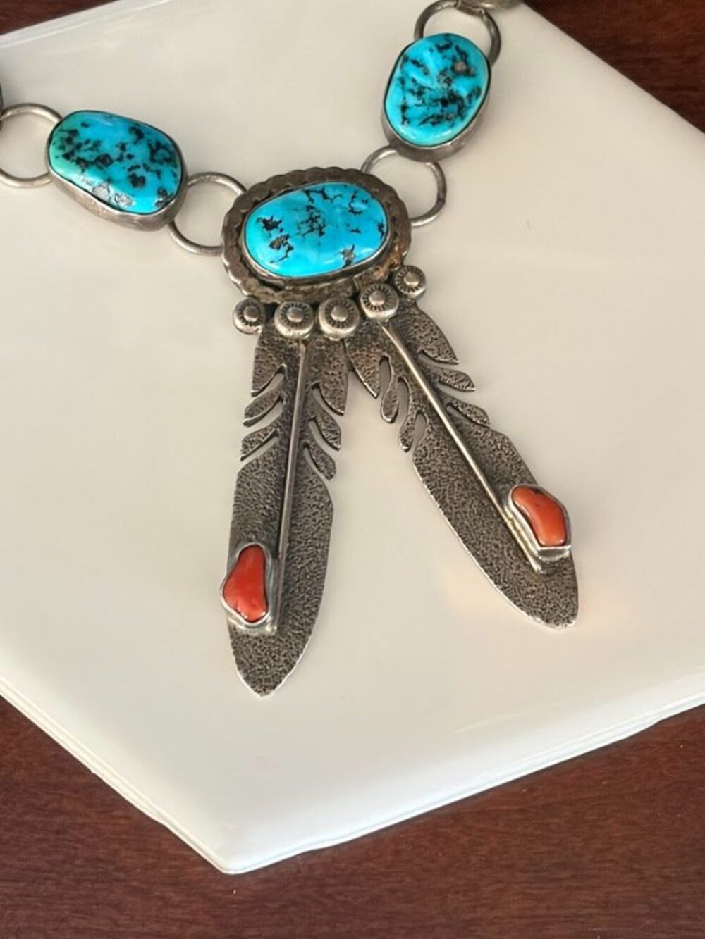 Vintage HBY Harry B Yazzie Navajo Sterling Turquoise Coral Feather Necklace - Picture 5 of 10